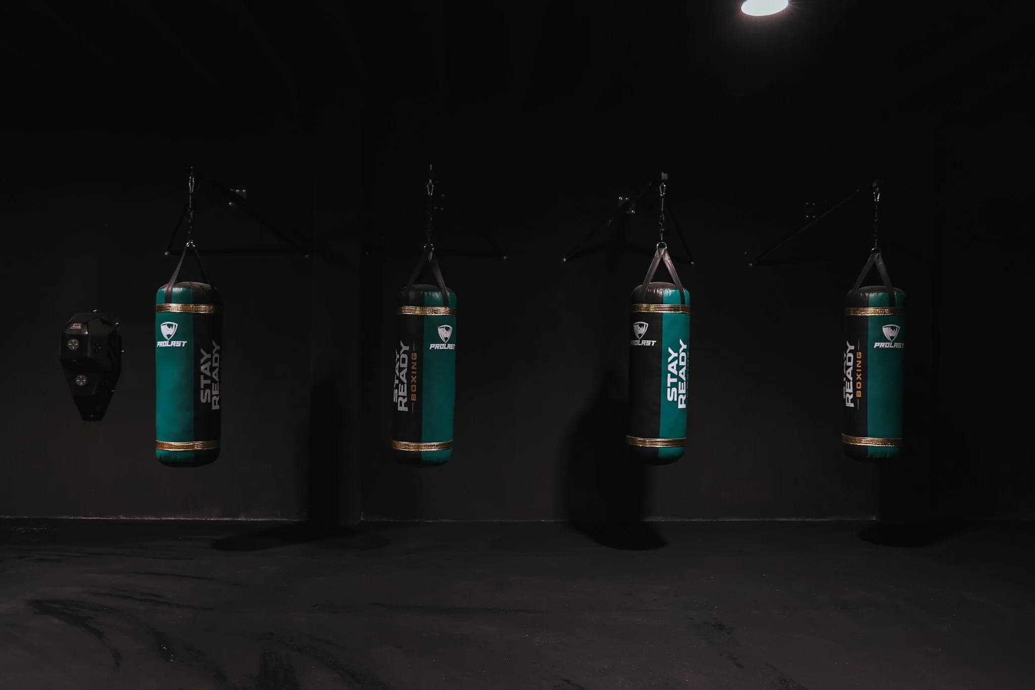A row of Stay Ready Boxing Gym heavy bags hanging under a single overhead light on the training floor.