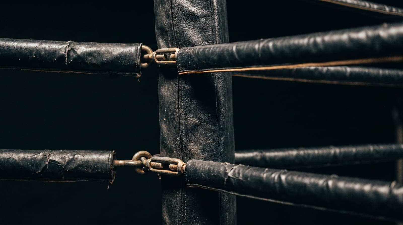 Close detail of two worn boxing ring ropes running across a ring corner turnbuckle.